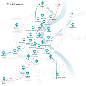 Carte des stations Citiz Bordeaux en 2017